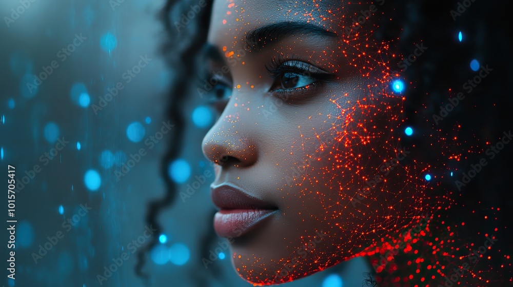 A striking portrait of a black woman with neural networks visualized around her, blending beauty with artificial intelligence concepts. A striking portrait of a black woman with neural networks visualized around her, blending beauty with artificial intelligence concepts.