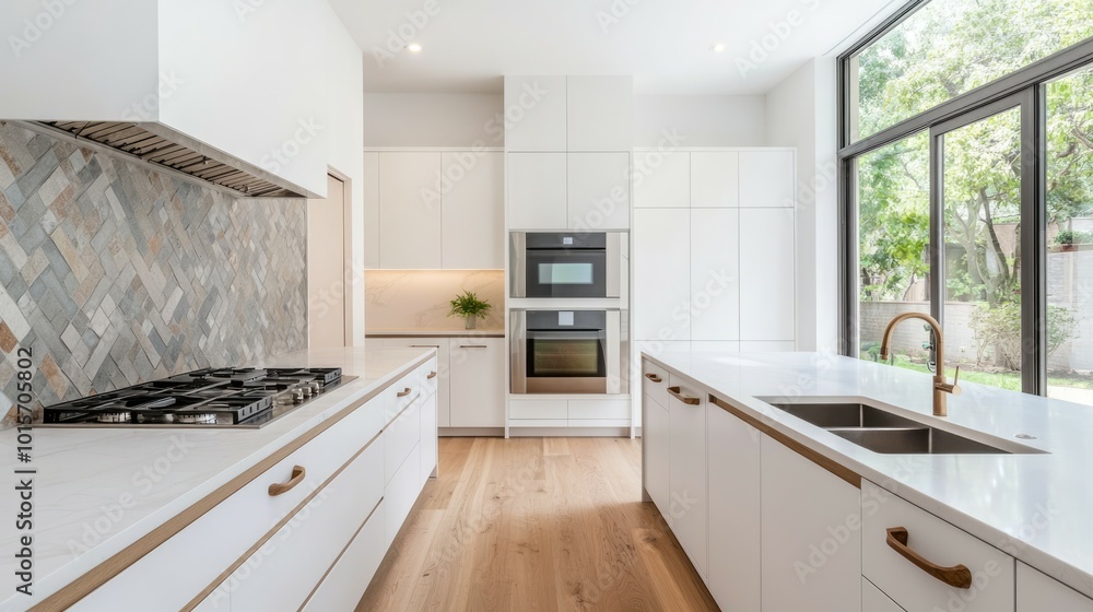 Fototapeta premium A modern kitchen with white cabinetry, a sleek design, large windows for natural light, and stylish fixtures.