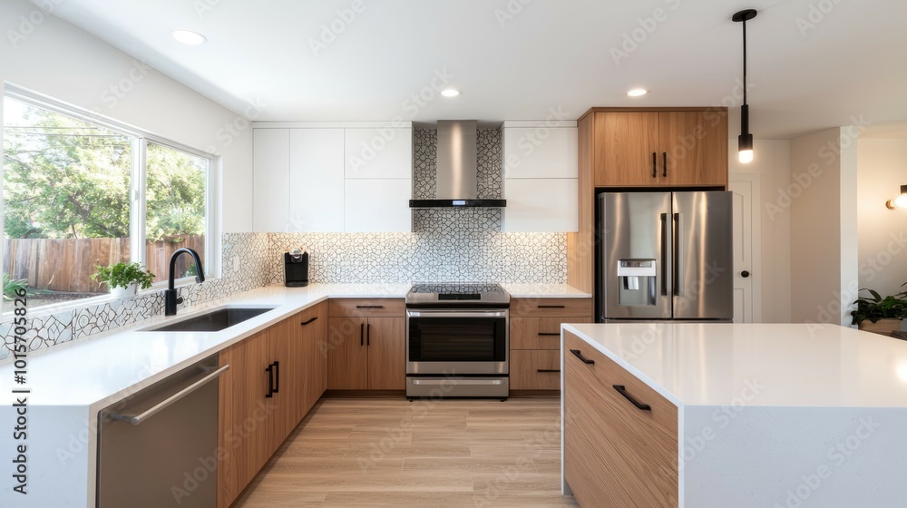 A modern kitchen featuring wooden cabinetry, stainless steel appliances, and a stylish backsplash with natural light filtering through large windows. A modern kitchen featuring wooden cabinetry, stainless steel appliances, and a stylish backsplash with natural light filtering through large windows.