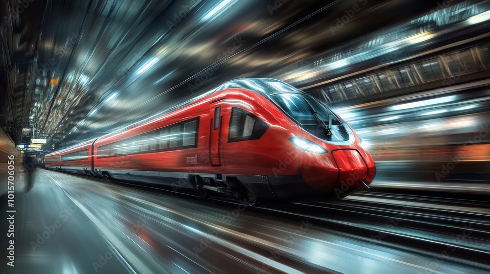 Speeding Red Train in Motion Blurred Urban Tunnel Speeding Red Train in Motion Blurred Urban Tunnel