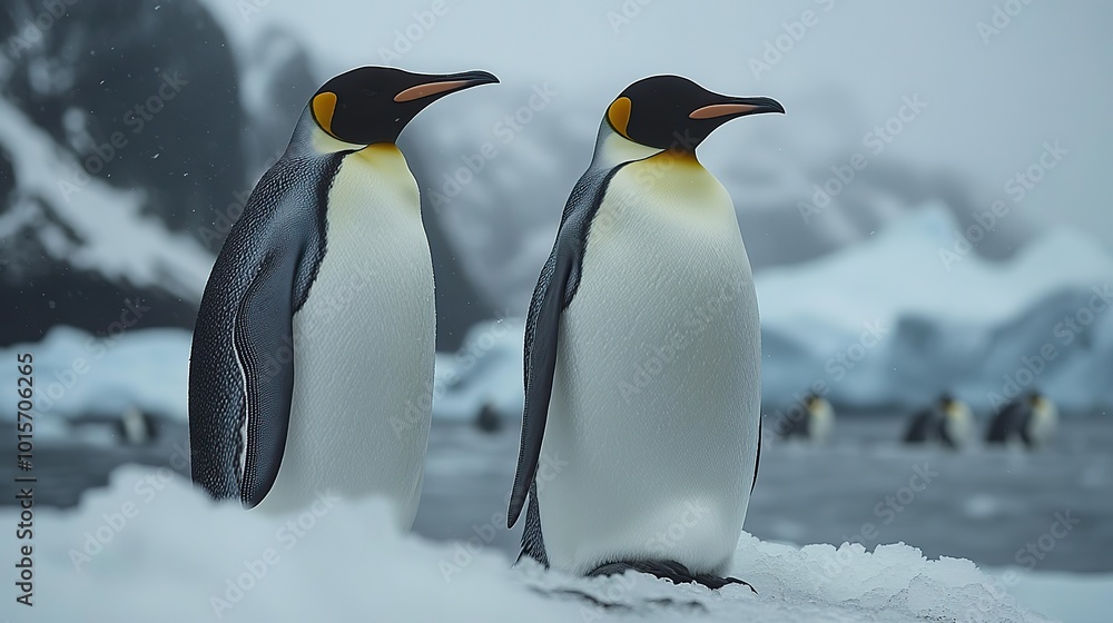 Fototapeta premium A stunning view of king penguins near harbor Antarctica, surrounded by ice and the stark beauty of their frozen habitat.