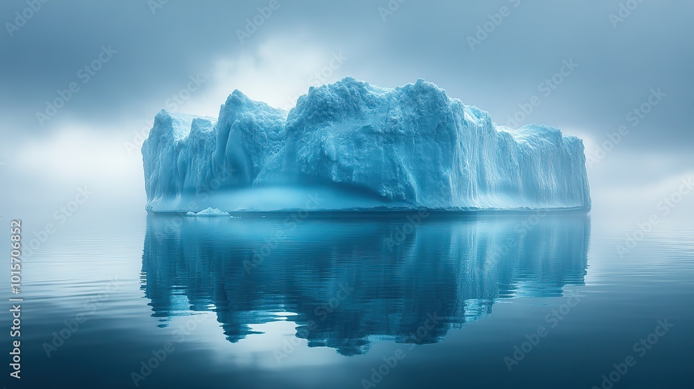 A surreal iceberg floats in deep waters, its mirrored reflection creating a haunting, otherworldly scene. A surreal iceberg floats in deep waters, its mirrored reflection creating a haunting, otherworldly scene.