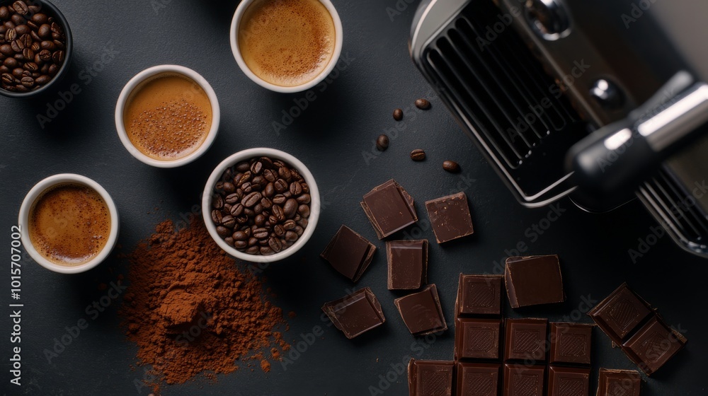 An artistic arrangement showcases coffee beans, grounds, and rich dark chocolate squares beside an espresso machine portafilter, highlighting premium coffee's textures and aromas An artistic arrangement showcases coffee beans, grounds, and rich dark chocolate squares beside an espresso machine portafilter, highlighting premium coffee's textures and aromas