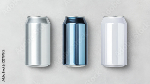 Three aluminum cans, one silver, one blue, and one white, against a neutral background.