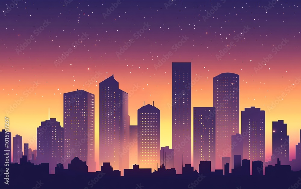 A group of high-rise buildings silhouetted against the twilight sky, with soft purples and oranges blending in the background, leaving space for customizable text A group of high-rise buildings silhouetted against the twilight sky, with soft purples and oranges blending in the background, leaving space for customizable text