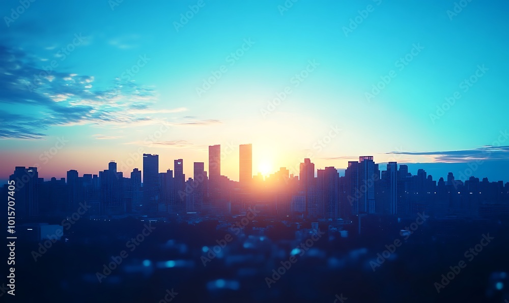 Fototapeta premium Silhouetted city skyline with modern towers, backlit by a vibrant blue sky at dusk, creating a dramatic contrast, leaving space for customizable text