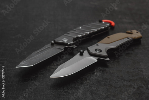 Tableau sur toile Two opened tactical military knives with sharp blade