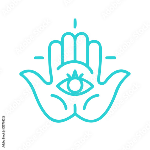Healing mantra icon featuring hands with an eye symbol in light blue
