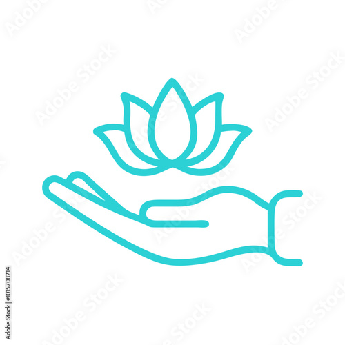 Healing sanctuary icon featuring a hand holding a lotus flower in light blue
