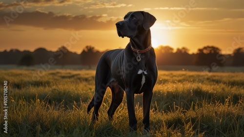 A black Great Dane dog stands in a field at sunrise, silhouetted against the golden light.