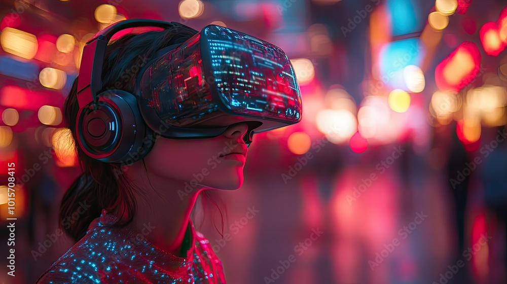 A teenager enjoys a VR game in the metaverse, showcasing futuristic digital entertainment with a neon background. A teenager enjoys a VR game in the metaverse, showcasing futuristic digital entertainment with a neon background.