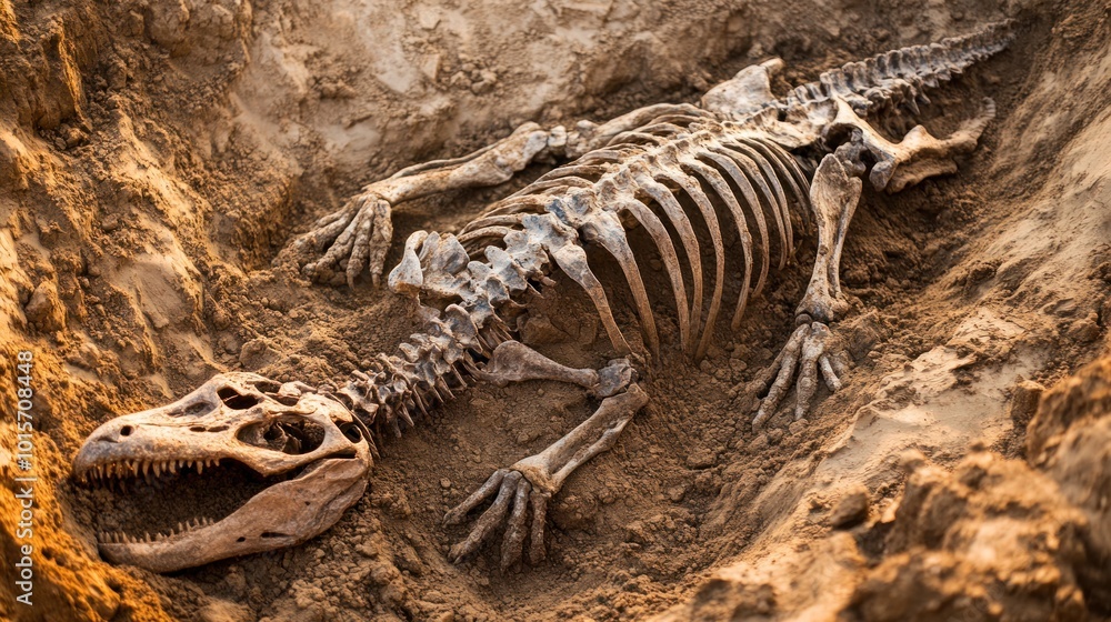 Fototapeta premium Ancient dinosaur skeleton: Fossilized remains partially buried in the earth, discovered during an archaeological dig