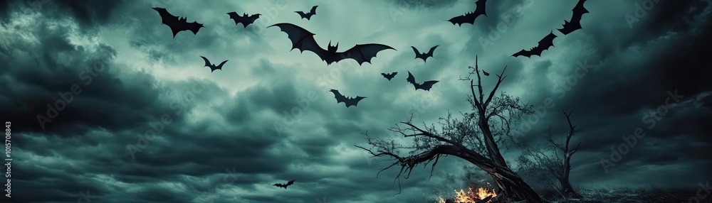 A dark and mysterious night scene featuring bats flying against stormy clouds near an eerie tree silhouette. A dark and mysterious night scene featuring bats flying against stormy clouds near an eerie tree silhouette.