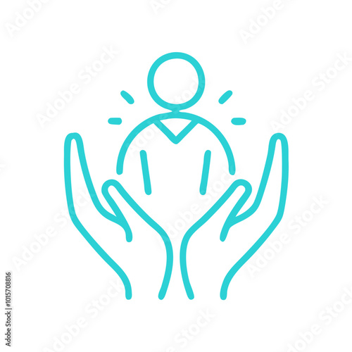 Healing energy healer icon with hands supporting a person in light blue
