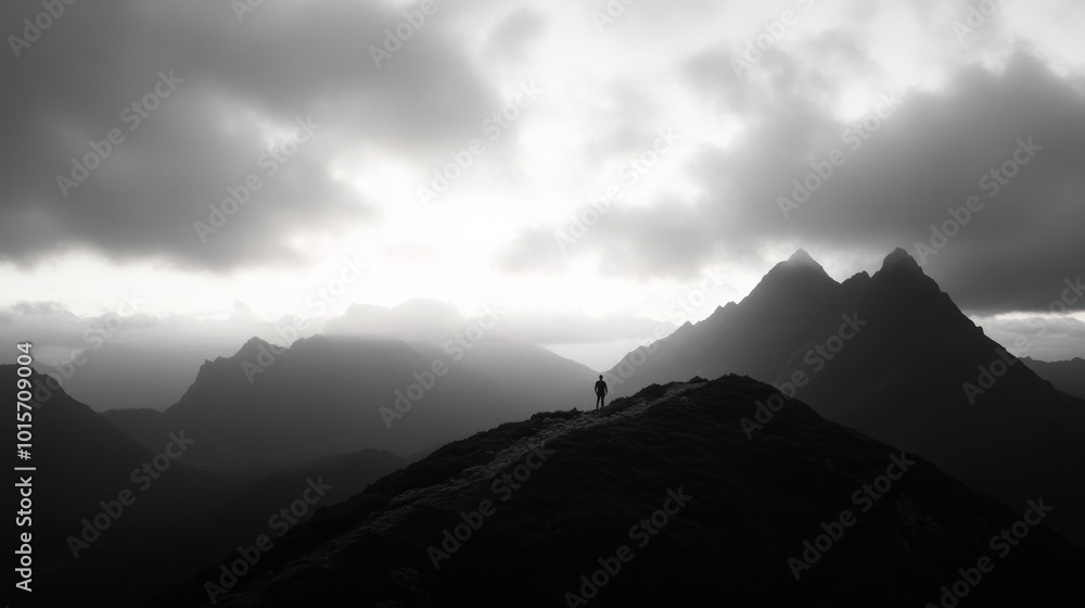 Naklejka premium A solitary person stands at a fork in a rugged mountain path, enveloped by towering peaks and dramatic cloud formations, symbolizing solitude and decision-making