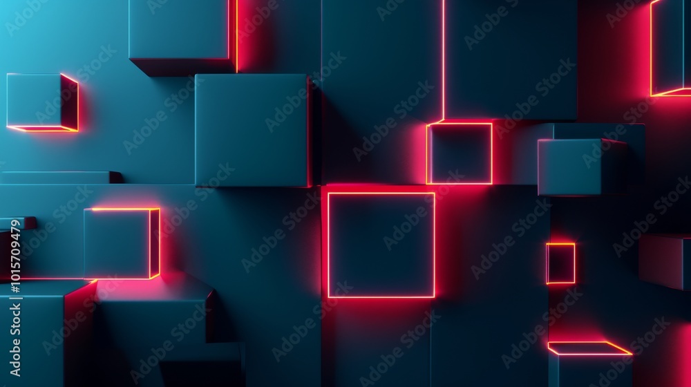 A visually striking image of stacked geometric cubes illuminated with red neon lights against a dark background. The combination of sharp angles and glowing light highlights modern, high-tech