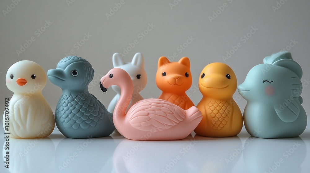 A collection of colorful rubber animal toys arranged in a row. A collection of colorful rubber animal toys arranged in a row.