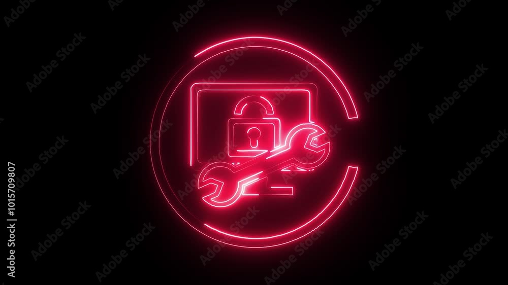 Neon red lock or security icon glows against a dark tech background ...