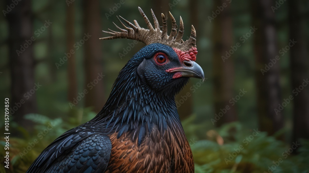 A close-up portrait of a blue and red crested bird with a green forest background. A close-up portrait of a blue and red crested bird with a green forest background.