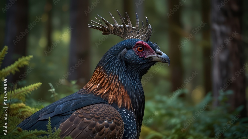 A close-up portrait of a male crested bird with a striking blue, brown, and red plumage in a natural setting. A close-up portrait of a male crested bird with a striking blue, brown, and red plumage in a natural setting.