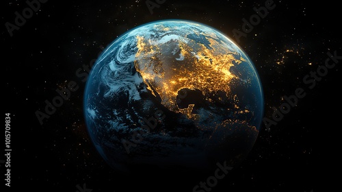 Fototapeta Naklejka Na Ścianę i Meble -  A golden planet Earth is bathed in a blue glow, symbolizing the delicate balance of life on our fragile planet.