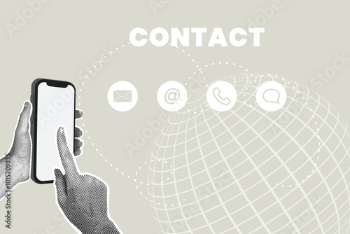 Modern halftone collage. Contact, communication, email, customer support hotline concept. Modern business collage for design.