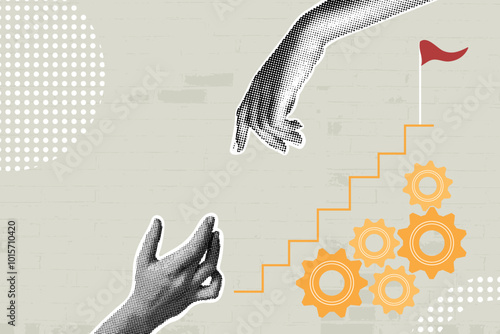 Contemporary halftone collage. Concept of success, helping hand, achieve success, top of career ladder with winner flag,goal. Outstretched hand helps to climb the career ladder to the top and be a