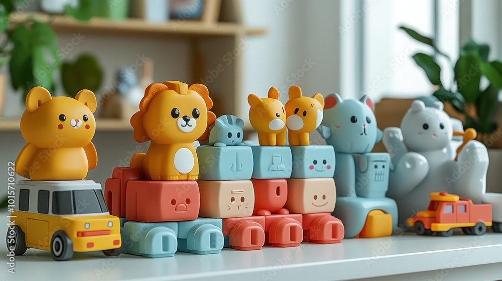 Colorful toy animals and cars arranged on a shelf. Colorful toy animals and cars arranged on a shelf.