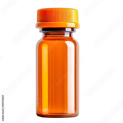 Amber glass pharmacy bottle with an orange cap, isolated on a white background. photo