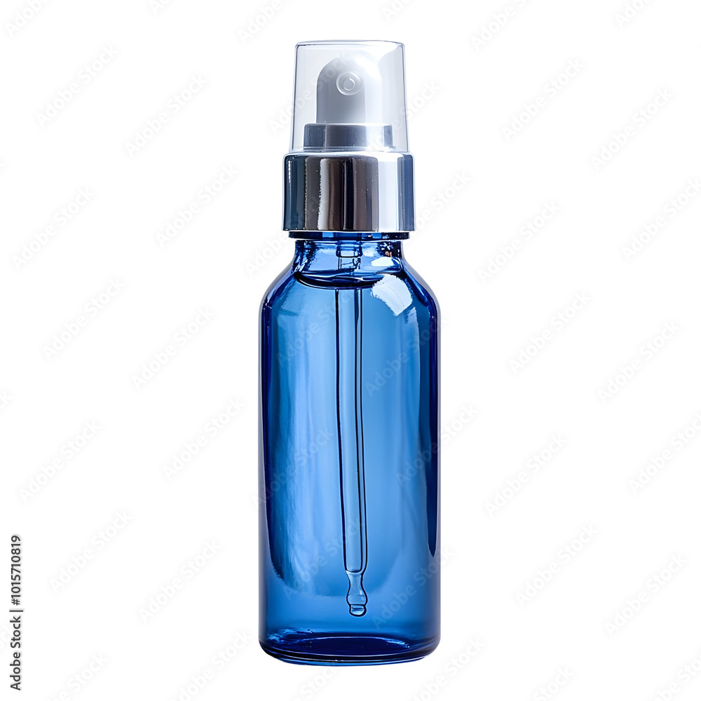 A blue spray bottle with a clear cap, perfect for storing liquids or skincare products. A blue spray bottle with a clear cap, perfect for storing liquids or skincare products.