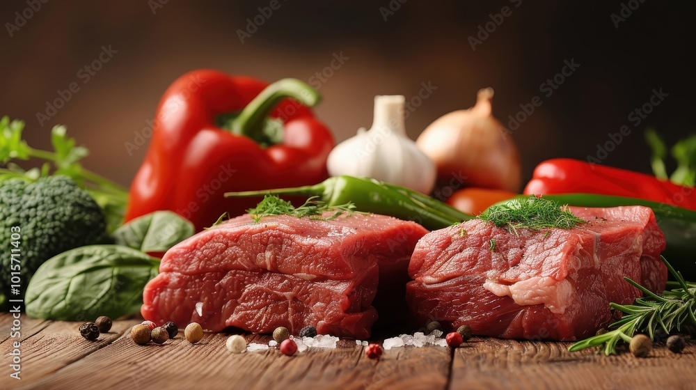 A5 meat cuts on a wooden table with fresh herbs and vegetables, cozy kitchen setting, natural lighting. A5 meat cuts on a wooden table with fresh herbs and vegetables, cozy kitchen setting, natural lighting.