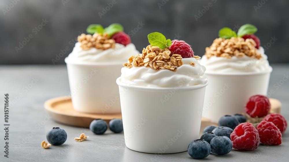 Detailed image of assorted fruit yogurts with creamy textures and vivid toppings in a modern kitchen. Detailed image of assorted fruit yogurts with creamy textures and vivid toppings in a modern kitchen.