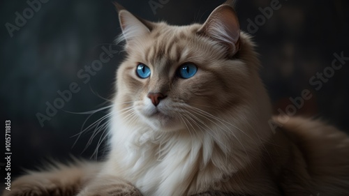 A fluffy, long-haired cat with piercing blue eyes gazes intently at something out of frame.