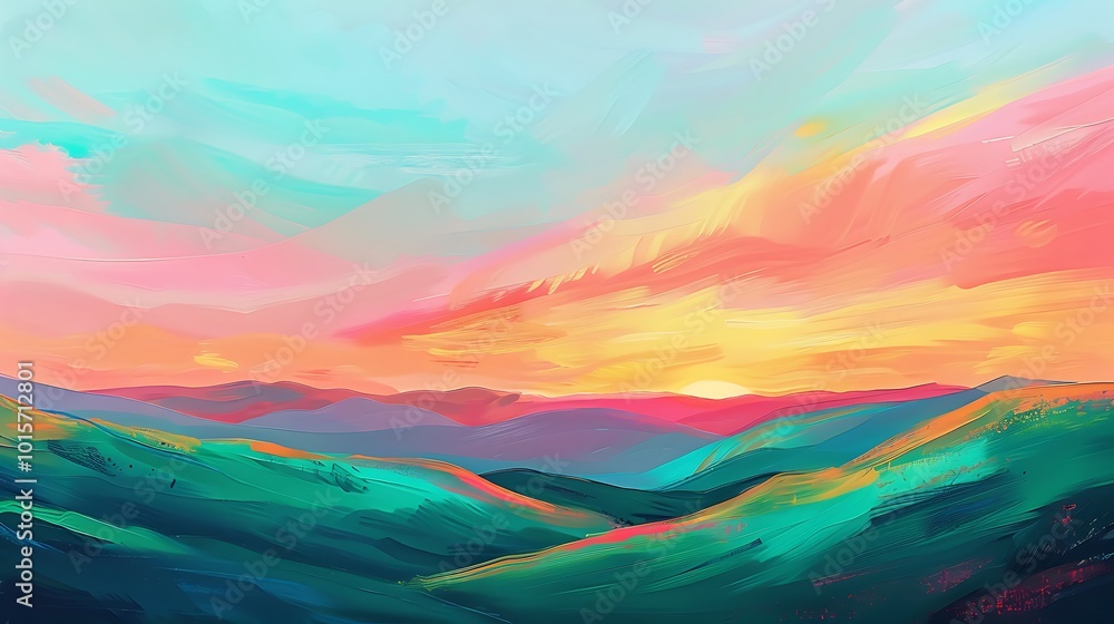 A neon pastel gouache painting of a vibrant sunset over rolling hills, featuring bold strokes of pink, orange, and neon green blending into a pastel blue sky. 8k UHD, suitable for high-quality A neon pastel gouache painting of a vibrant sunset over rolling hills, featuring bold strokes of pink, orange, and neon green blending into a pastel blue sky. 8k UHD, suitable for high-quality