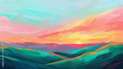 A neon pastel gouache painting of a vibrant sunset over rolling hills, featuring bold strokes of pink, orange, and neon green blending into a pastel blue sky. 8k UHD, suitable for high-quality 