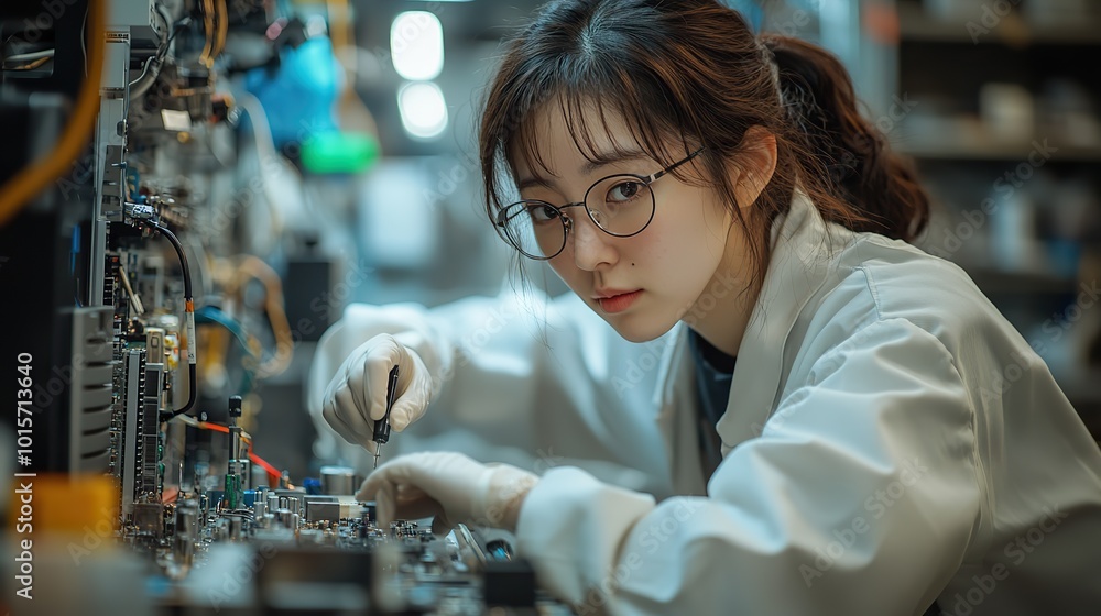 A Japanese electronics engineer soldering a circuit board in a high-tech lab, surrounded by modern research equipment. A Japanese electronics engineer soldering a circuit board in a high-tech lab, surrounded by modern research equipment.
