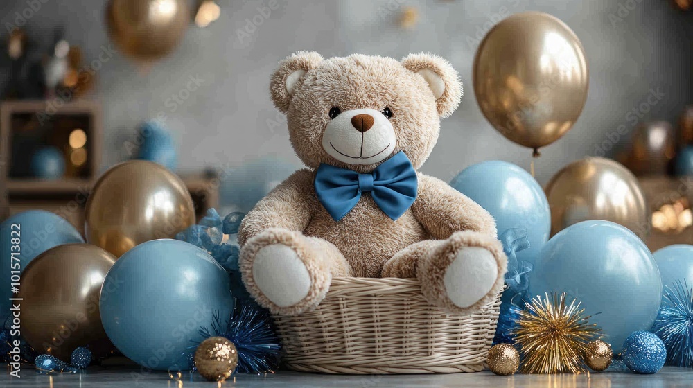 A plush teddy bear in a basket surrounded by festive balloons. A plush teddy bear in a basket surrounded by festive balloons.