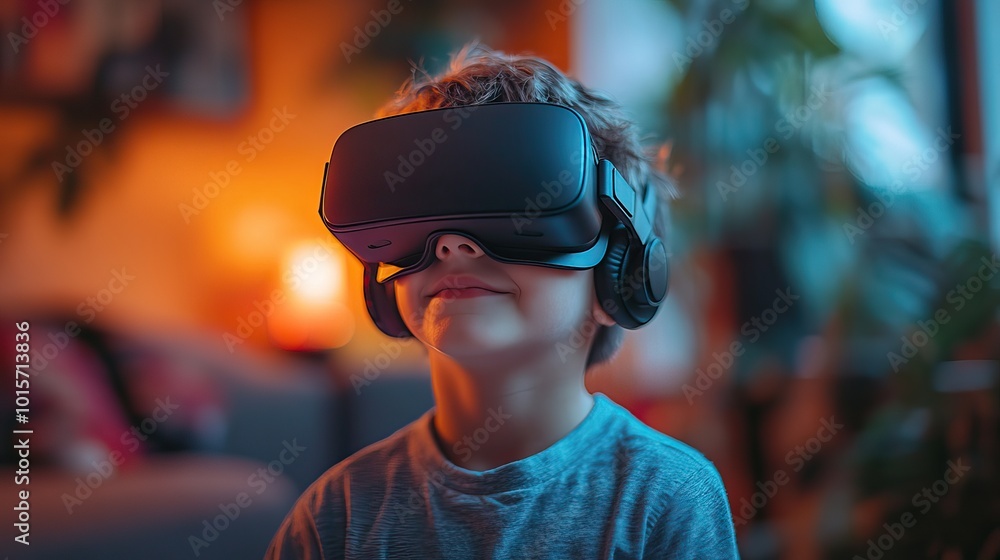 A joyful young boy exploring virtual reality at home with a headset, capturing the entertainment and tech engagement of Generation Z. A joyful young boy exploring virtual reality at home with a headset, capturing the entertainment and tech engagement of Generation Z.
