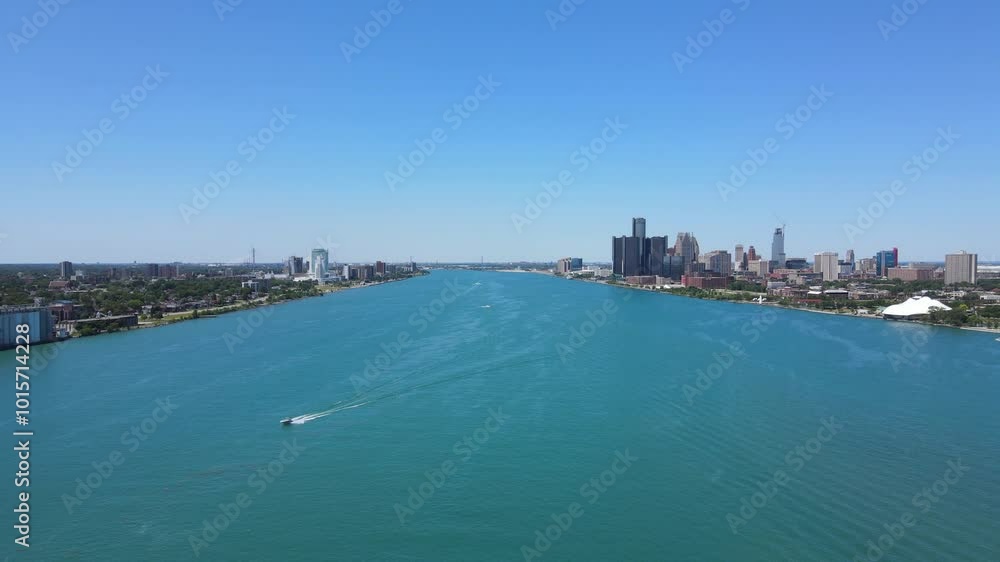 Detroit River separates Detroit and Windsor, aerial panoramic view Detroit River separates Detroit and Windsor, aerial panoramic view