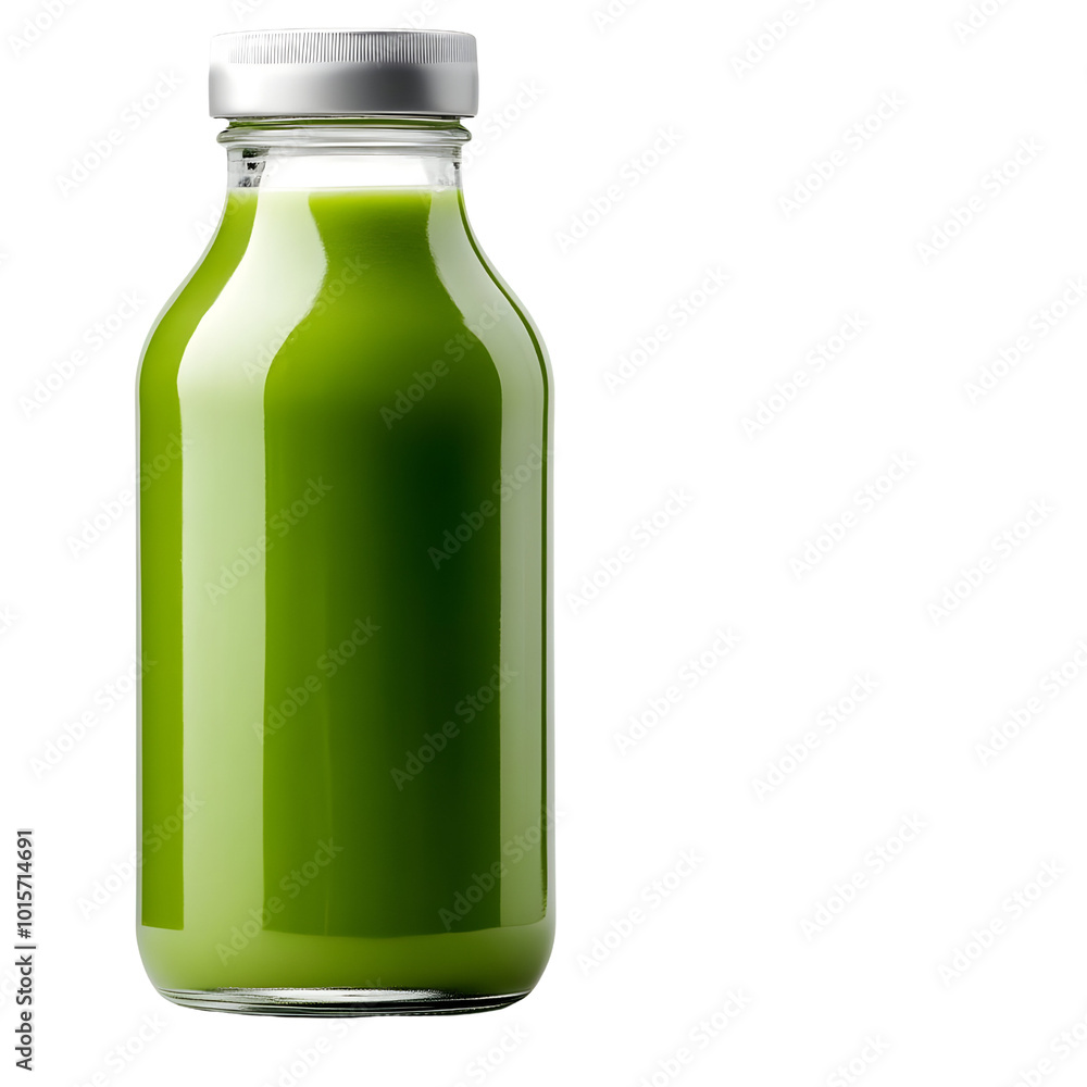 Fresh green juice in a clear glass bottle, healthy beverage with vibrant color and shiny cap. Fresh green juice in a clear glass bottle, healthy beverage with vibrant color and shiny cap.