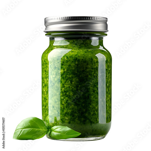 Fresh basil pesto in a glass jar with a silver lid, garnished with basil leaves, perfect for culinary recipes. photo