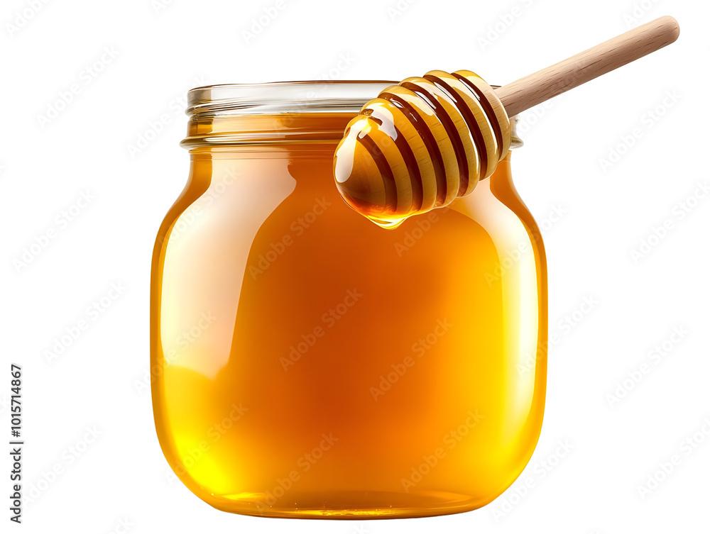 Glass jar of honey with a wooden dipper on a white isolated background. Glass jar of honey with a wooden dipper on a white isolated background.