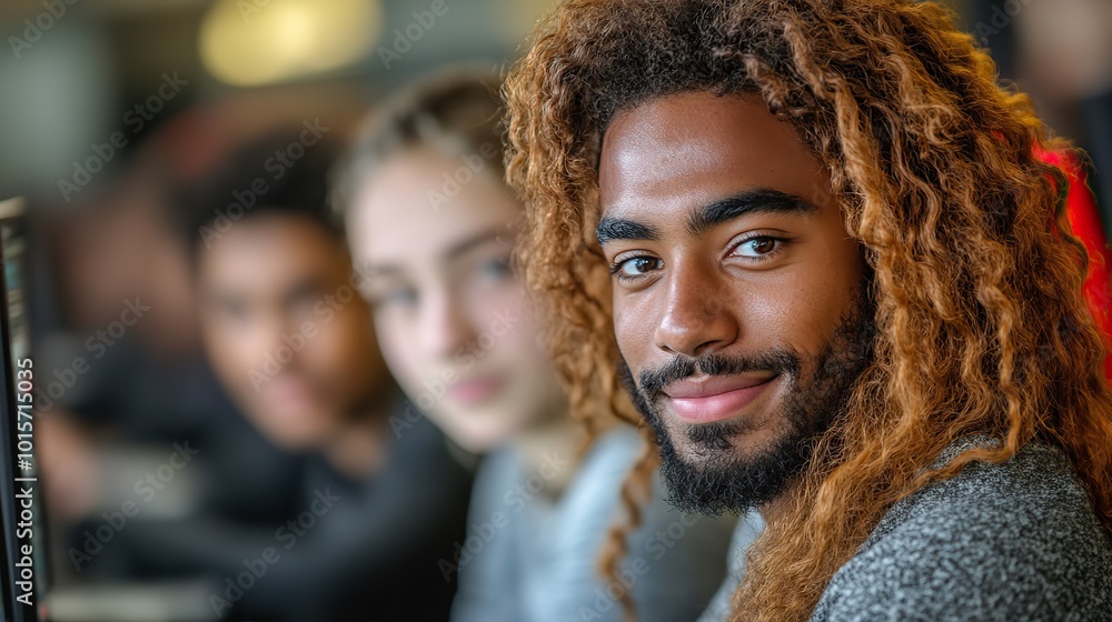 A lecturer guides a diverse group of male and female students in college, advising them on projects and teaching computer science, including coding lessons. A lecturer guides a diverse group of male and female students in college, advising them on projects and teaching computer science, including coding lessons.