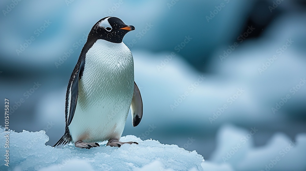 Obraz premium A lone penguin stands on a melting ice floe, an AI-generated image representing the urgent climate crisis threatening wildlife in the polar regions.