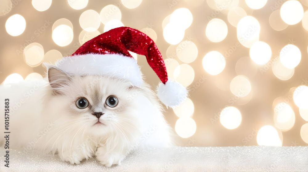 Kitten in Santa Hat: A sweet, curious kitten with adorable green eyes gazes up, wearing a festive Santa hat. A perfect image for Christmas cards, calendars, and social media. Kitten in Santa Hat: A sweet, curious kitten with adorable green eyes gazes up, wearing a festive Santa hat. A perfect image for Christmas cards, calendars, and social media.