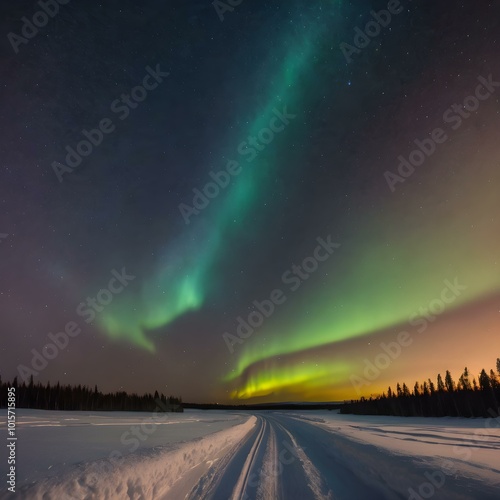 A cold, clear polar night sky with the faint glow of the sun on the horizon and a sky full of stars and aurora lights shimmering 