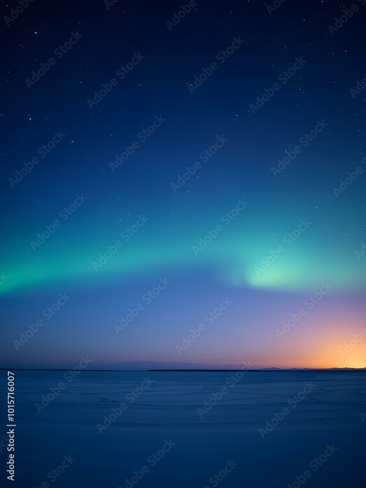 Fototapeta premium A cold, clear polar night sky with the faint glow of the sun on the horizon and a sky full of stars and aurora lights shimmering 