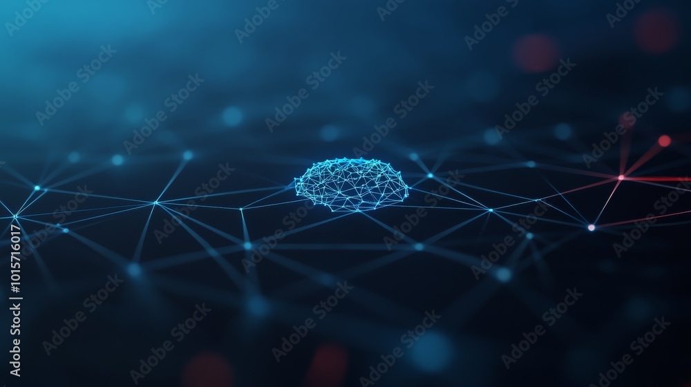 The composition features a central glowing blue AI brain, surrounded by intricate geometric lines and symbols, set against a gradient blue background, symbolizing digital intelligence The composition features a central glowing blue AI brain, surrounded by intricate geometric lines and symbols, set against a gradient blue background, symbolizing digital intelligence