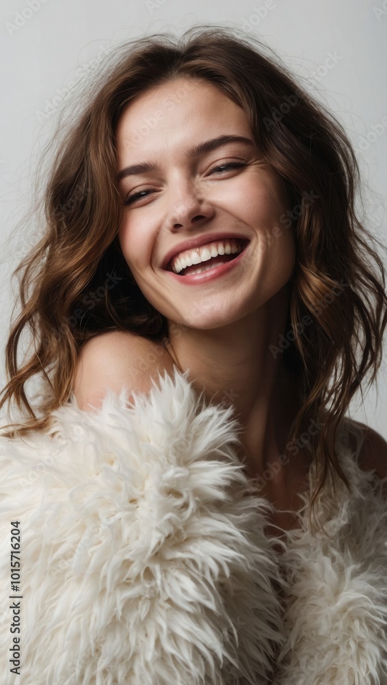 Smiling young woman with wavy hair, natural makeup, and cheerful expression Smiling young woman with wavy hair, natural makeup, and cheerful expression