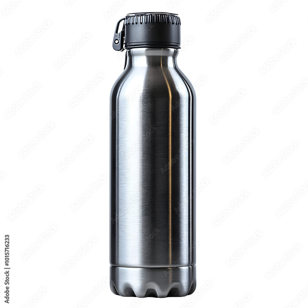 Stainless steel water bottle with a black cap, isolated on a white background. Stainless steel water bottle with a black cap, isolated on a white background.